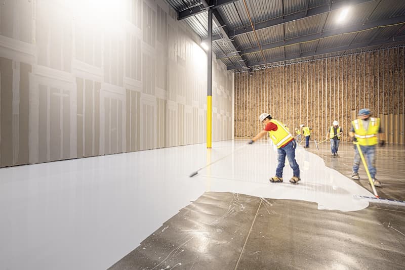 Workers applying a coating inside a commercial building